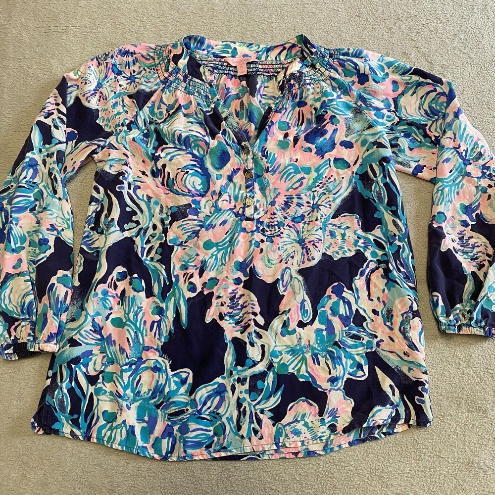 Lilly Pulitzer Elsa Silk Top XS Blue Pink Popover Floral Fish‎ Tropical